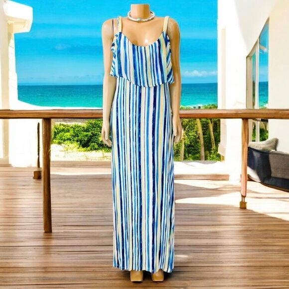 NWT Gorgeous Design 365 Sz L Blue/Yellow/ Green Mint/White striped Maxi dress - Picture 1 of 15